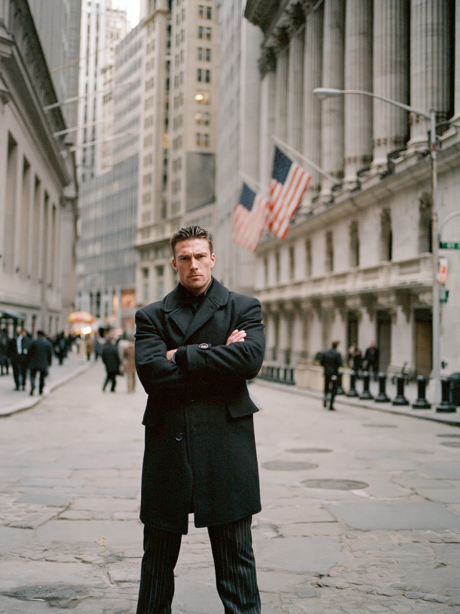 A confident analyst in the financial district