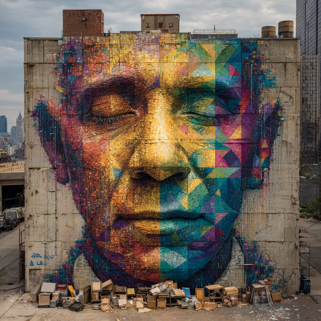 A mural of a human face, the community of finance