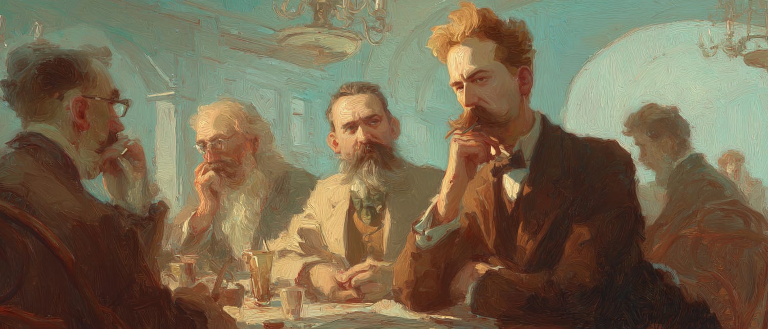 A painting of thinkers in conversation